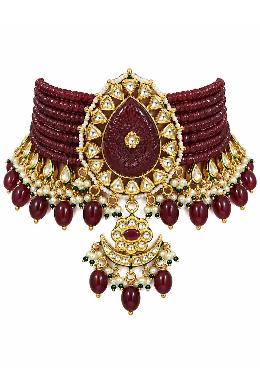 Ruby Kundan Beaded Choker Necklace & Earrings Set