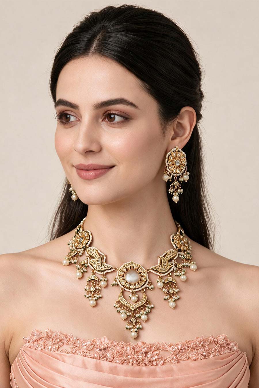 Kundan Pearl Necklace & Earrings Set