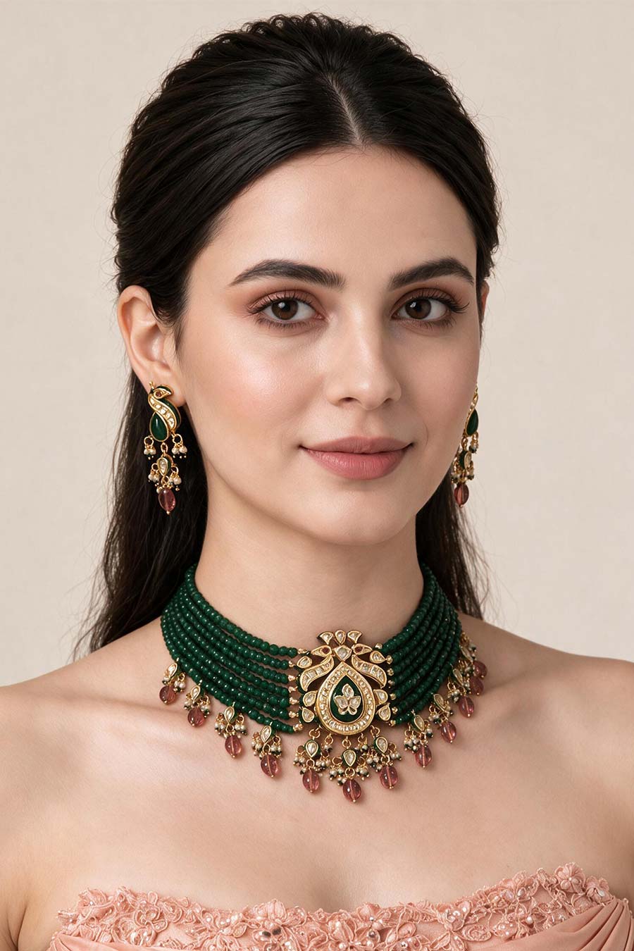Kundan Peacock Beaded Choker Necklace & Earrings Set
