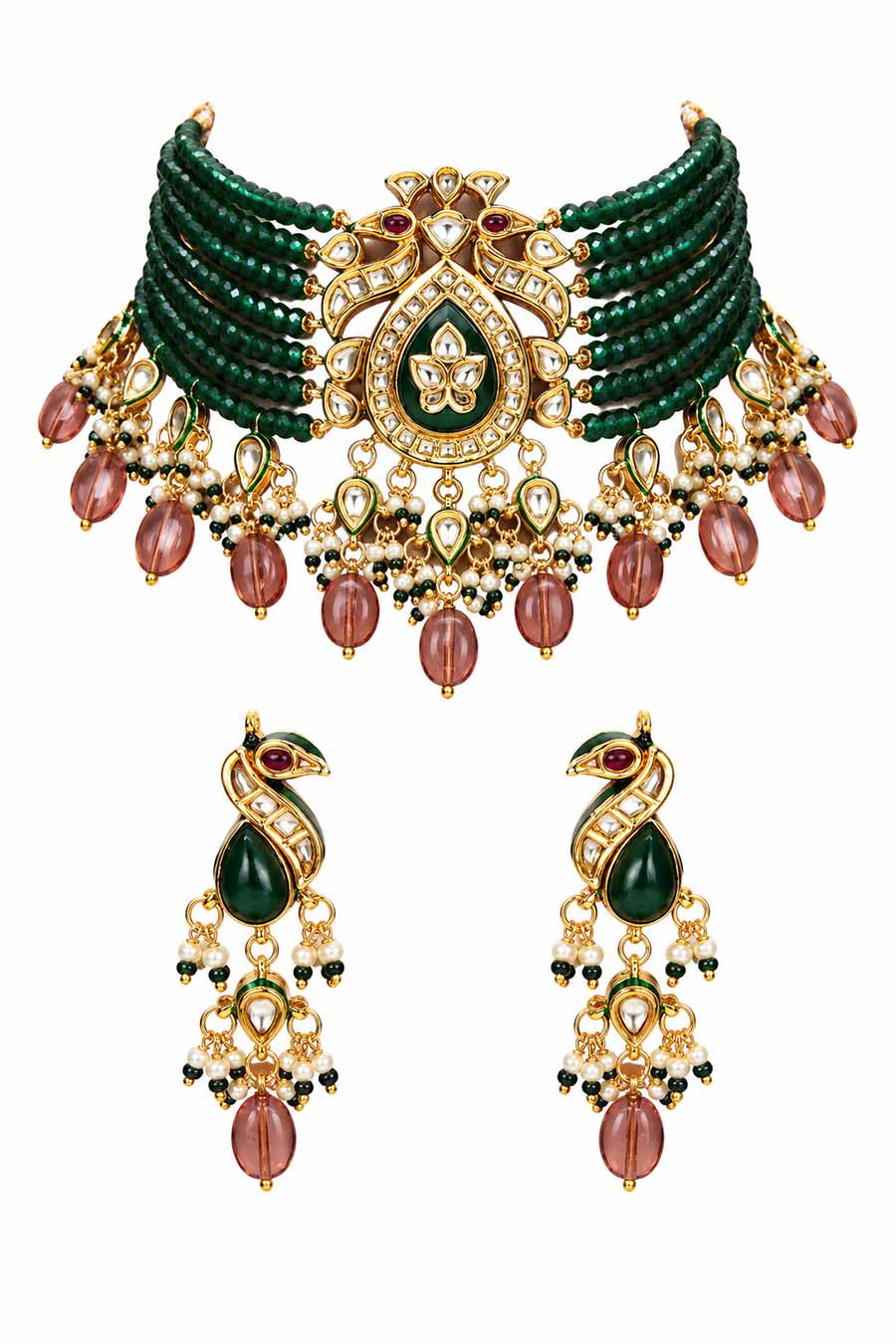 Kundan Peacock Beaded Choker Necklace & Earrings Set