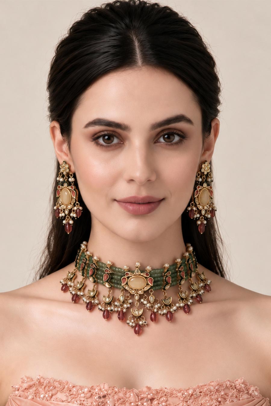 Kundan Beaded Choker Necklace & Earrings Set