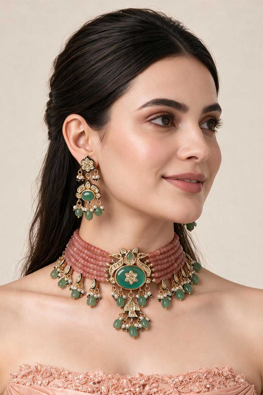 Kundan Beaded Choker Necklace & Earrings Set