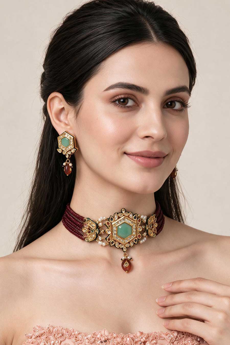 Kundan Hexagon Choker Necklace & Earrings Set