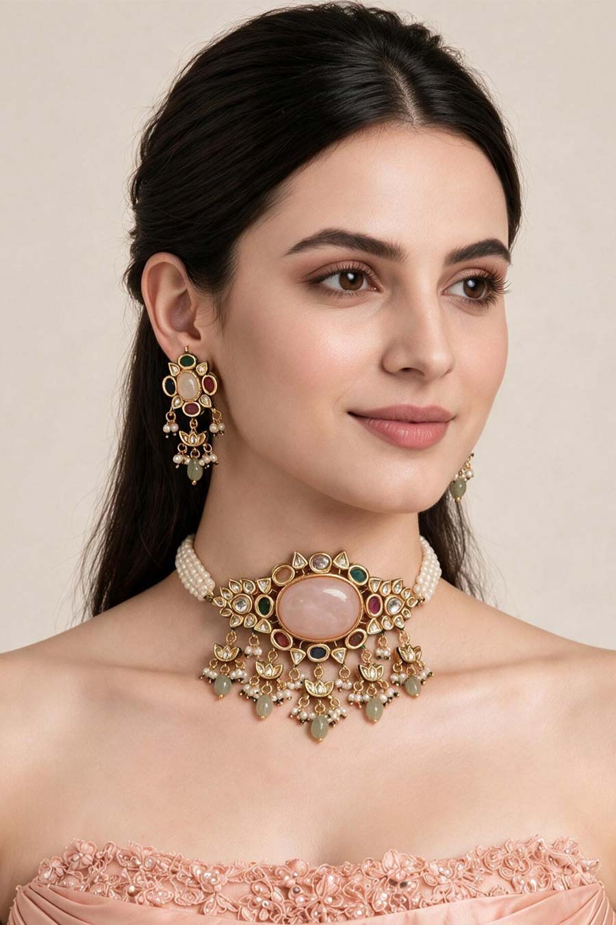 Kundan Stone Choker Necklace & Earrings Set