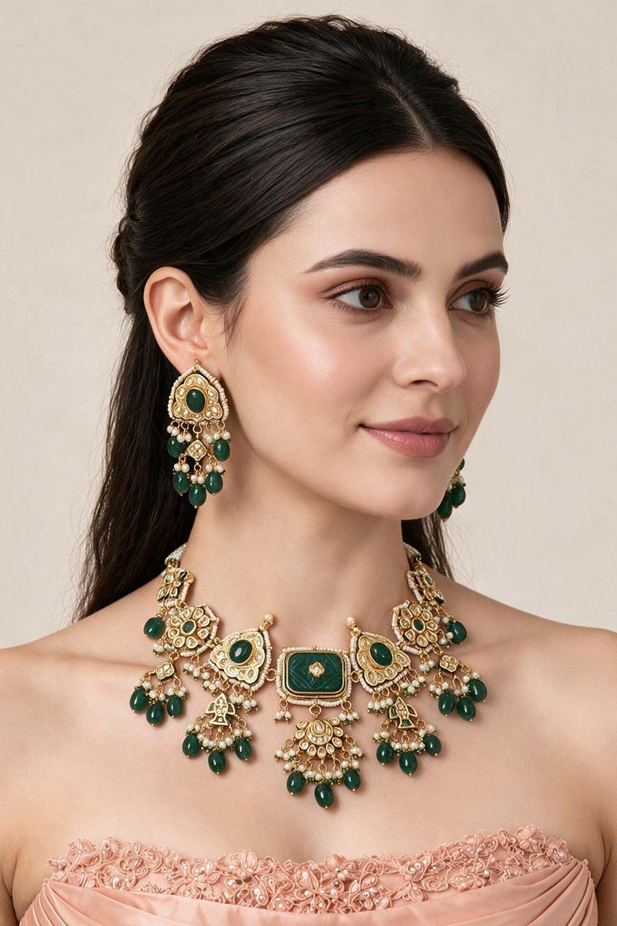 Kundan Emerald Drop Necklace & Earrings Set