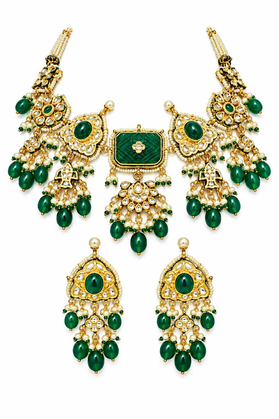 Kundan Emerald Drop Necklace & Earrings Set