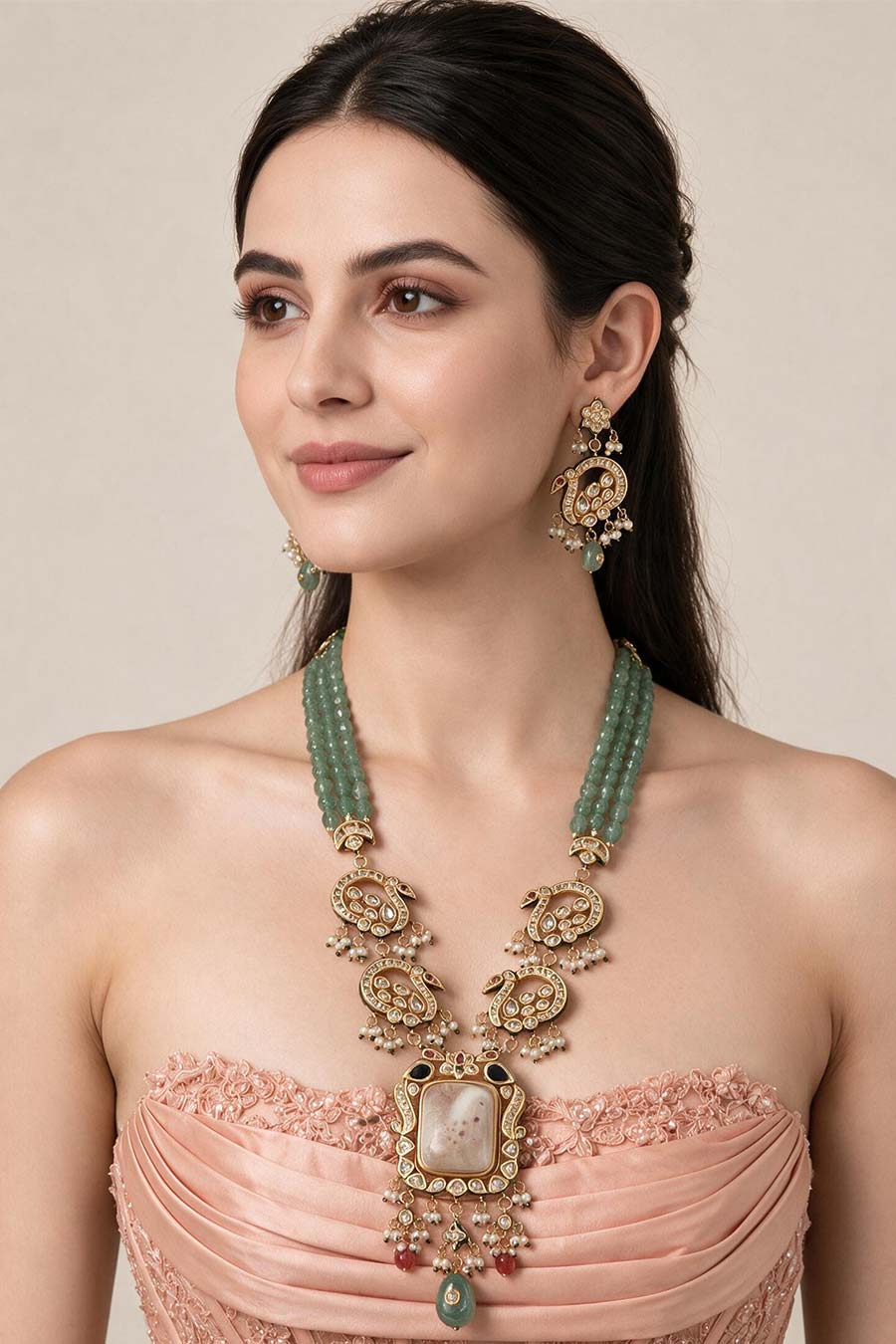 Kundan Beaded Long Necklace & Earrings Set