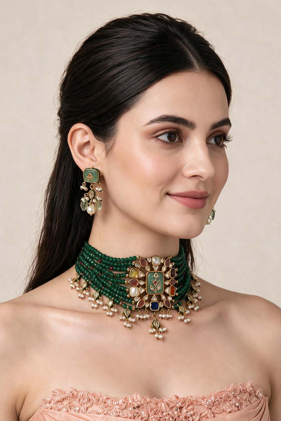 Kundan Multistone Choker Necklace & Earrings Set