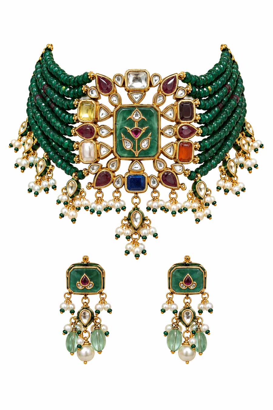 Kundan Multistone Choker Necklace & Earrings Set