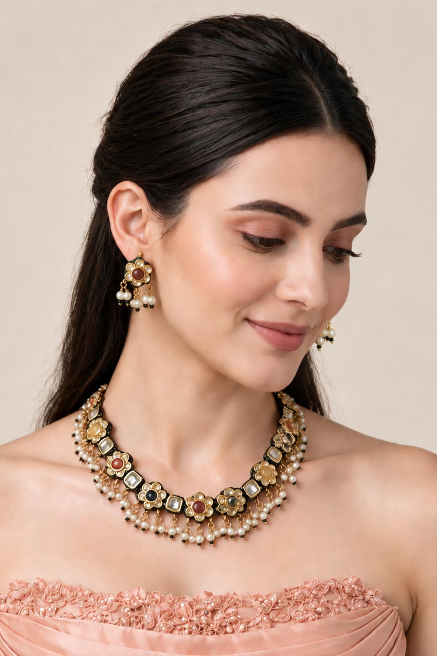 Navratna Kundan Floral Necklace & Earrings Set