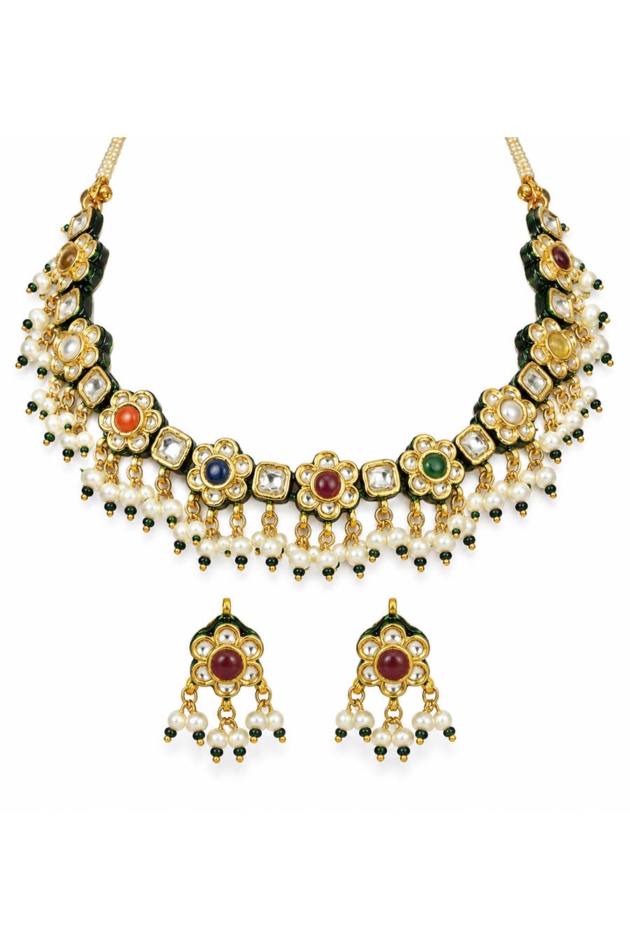 Navratna Kundan Floral Necklace & Earrings Set