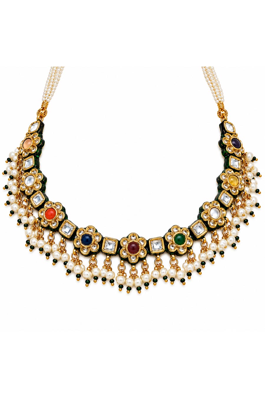 Navratna Kundan Floral Necklace & Earrings Set