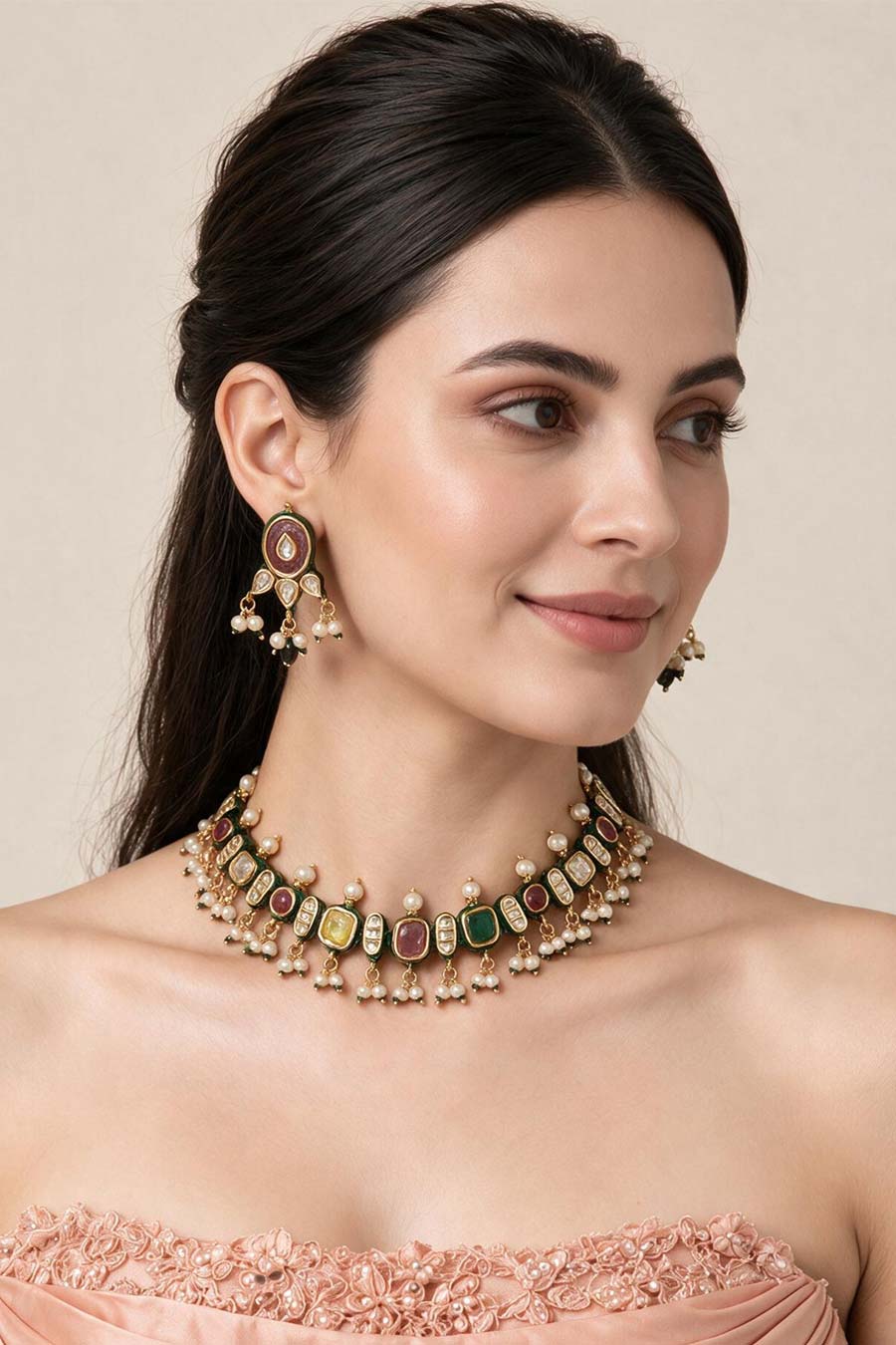 Navratna Kundan Pearl Necklace & Earrings Set