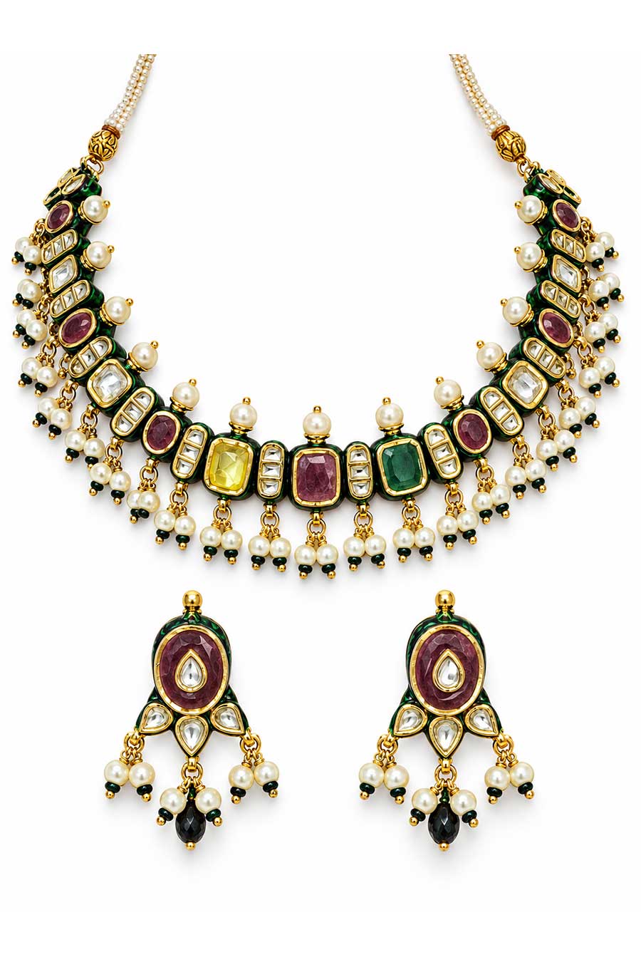 Navratna Kundan Pearl Necklace & Earrings Set