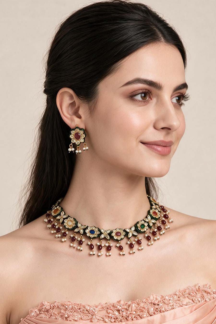 Navratna Kundan Floral Necklace & Earrings Set