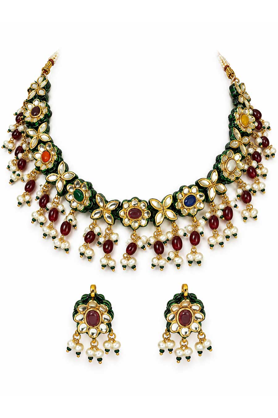 Navratna Kundan Floral Necklace & Earrings Set