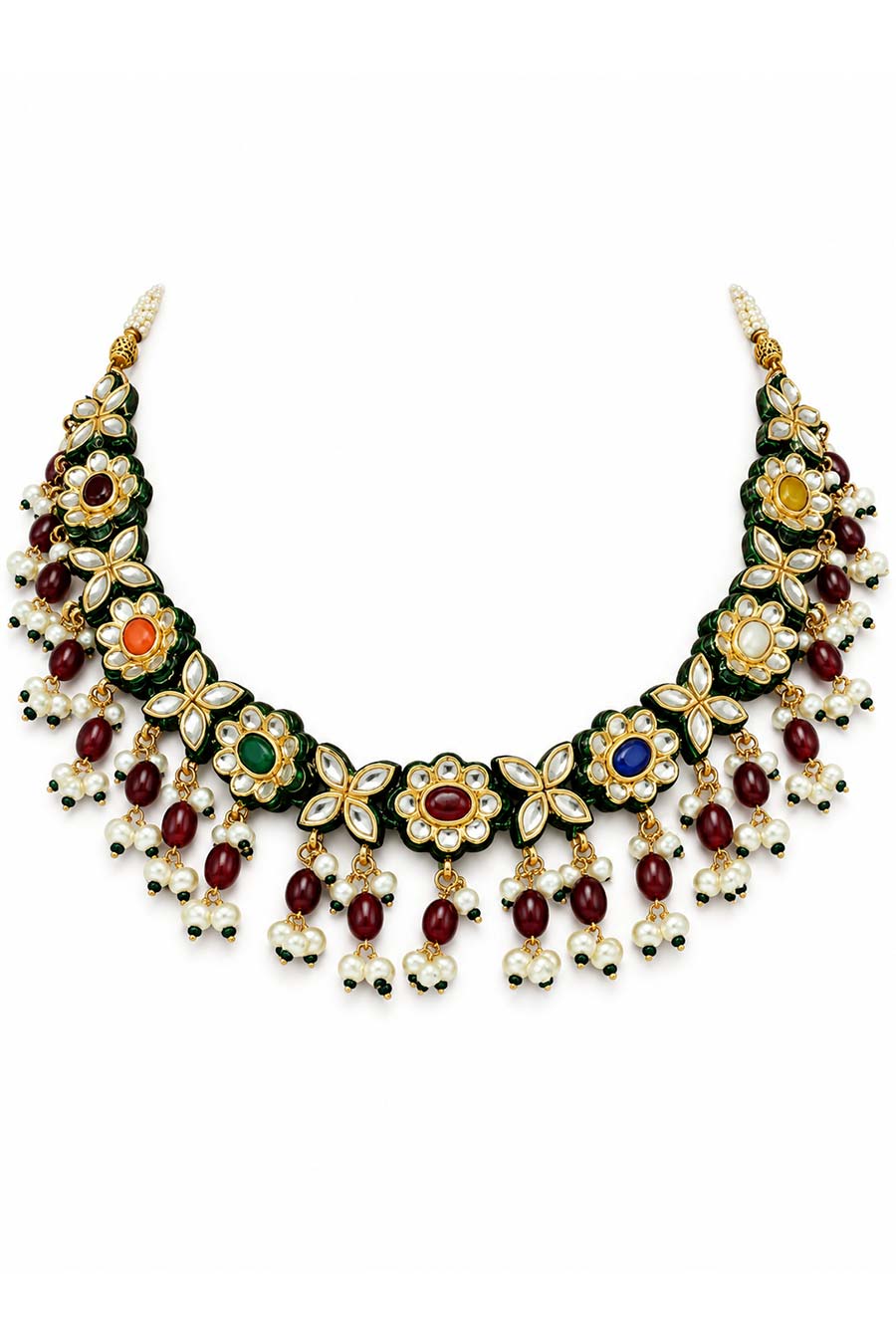 Navratna Kundan Floral Necklace & Earrings Set