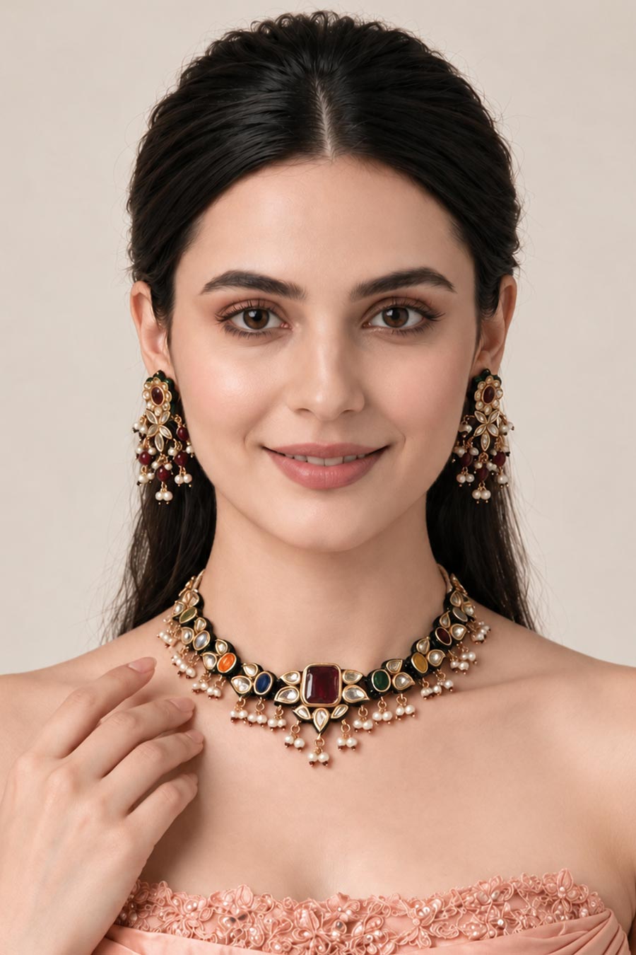 Navratna Kundan Pearl Necklace & Earrings Set