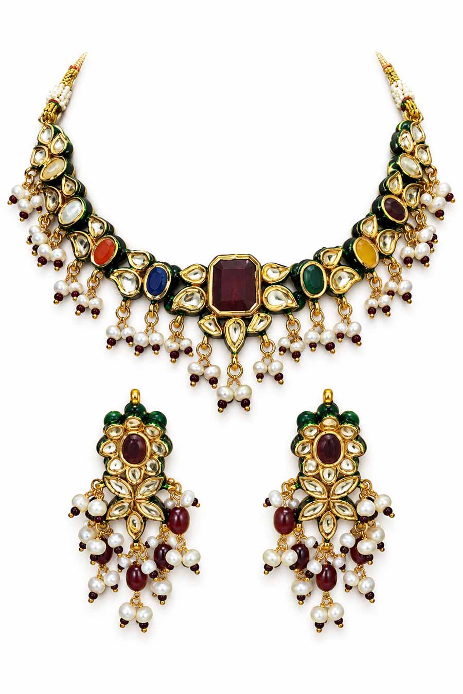 Navratna Kundan Pearl Necklace & Earrings Set