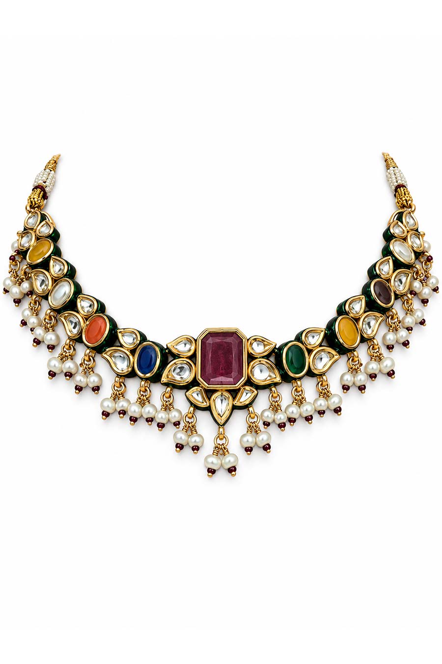 Navratna Kundan Pearl Necklace & Earrings Set