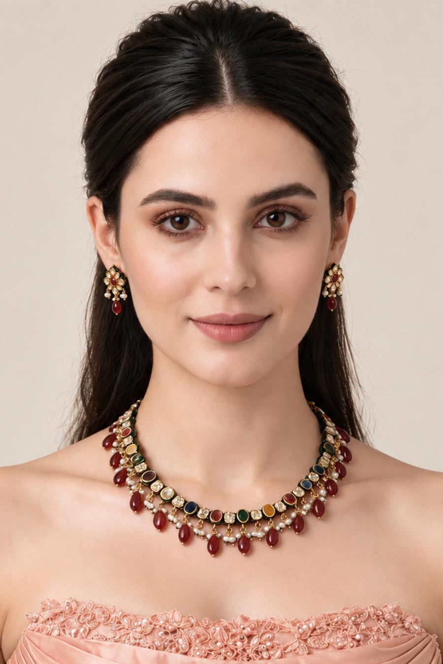Navratna Kundan Pearl Necklace & Earrings Set