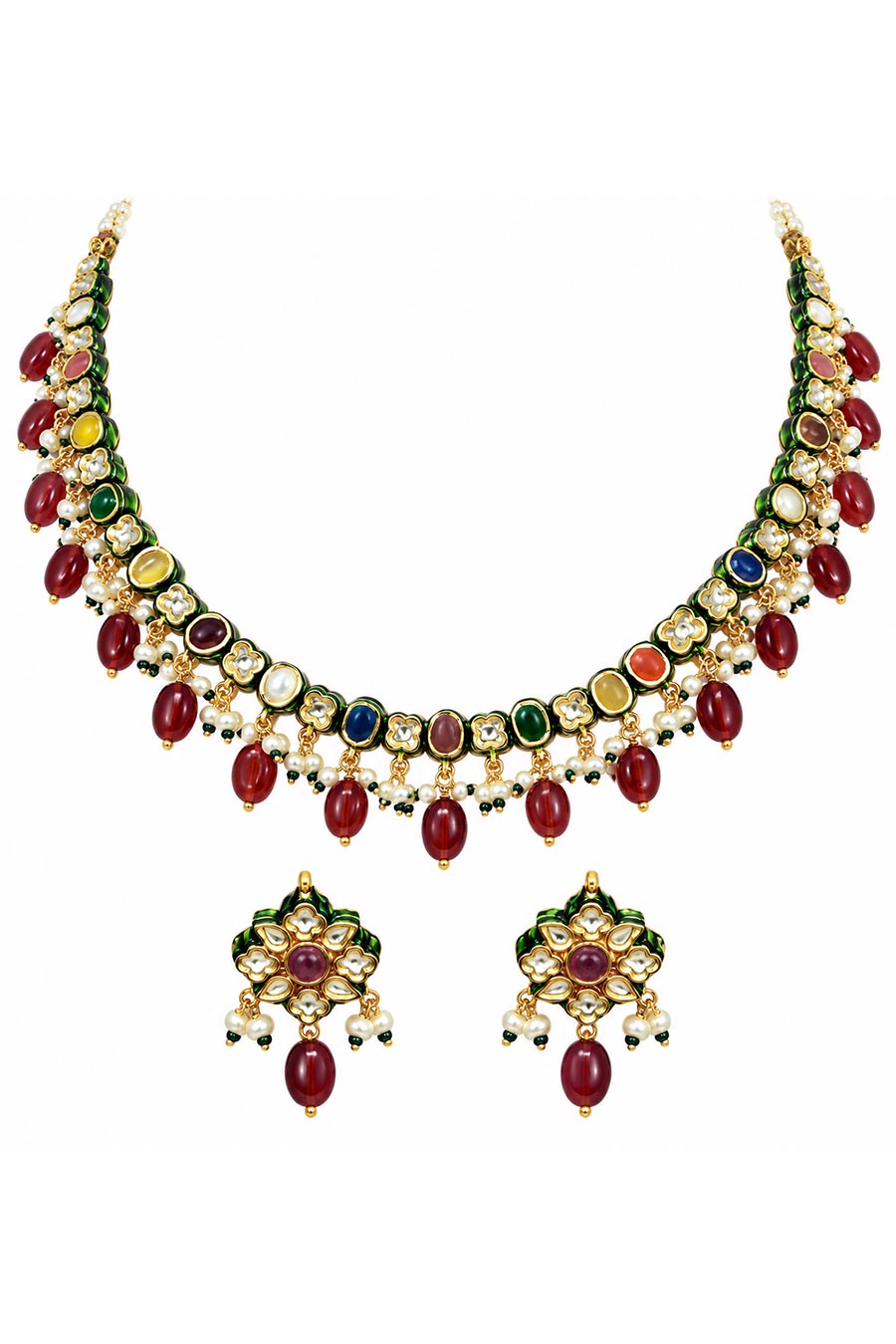Navratna Kundan Pearl Necklace & Earrings Set
