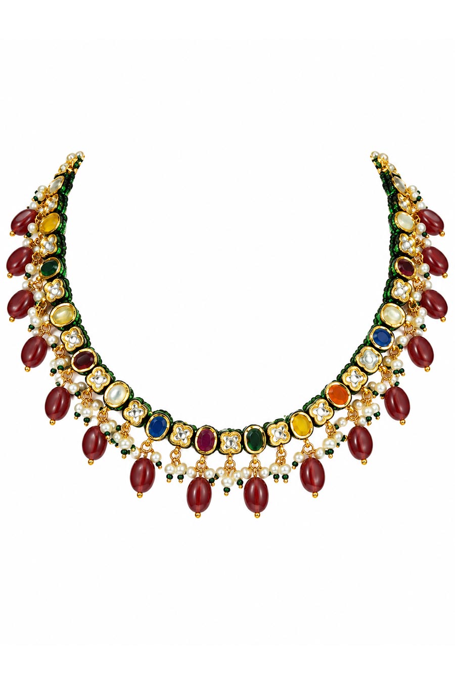 Navratna Kundan Pearl Necklace & Earrings Set