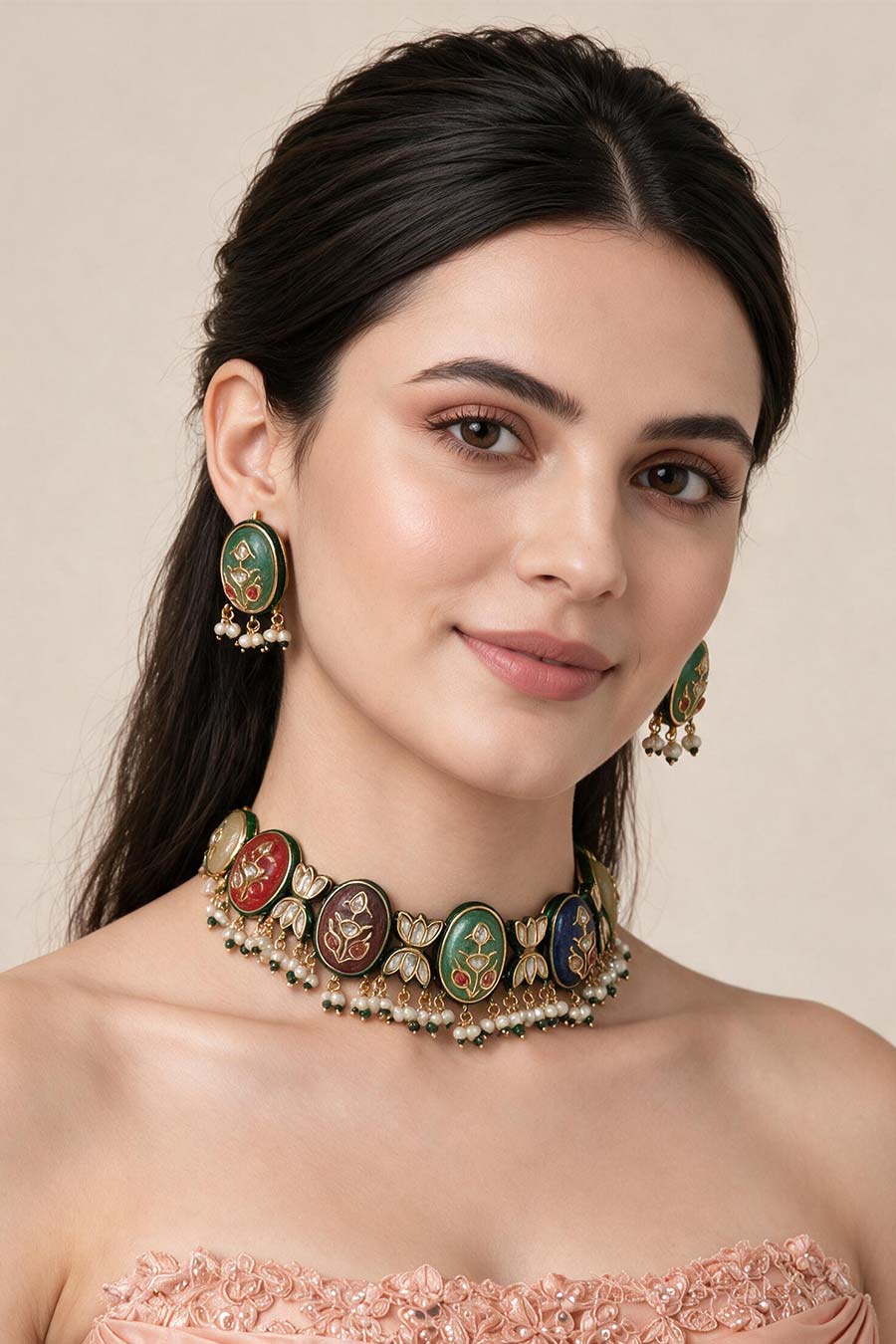 Navratna Multicolour Kundan Choker Necklace & Earrings Set