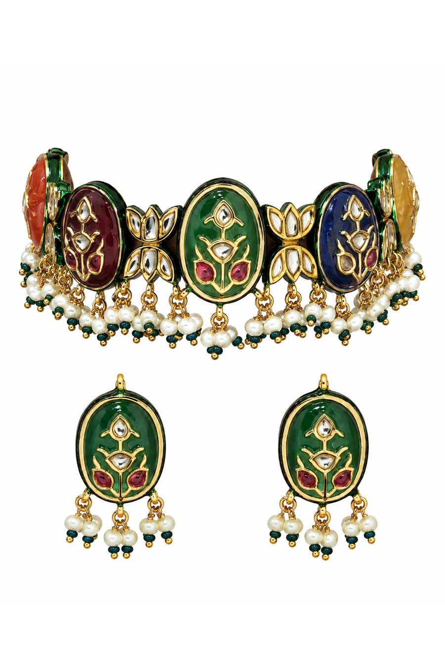 Navratna Multicolour Kundan Choker Necklace & Earrings Set