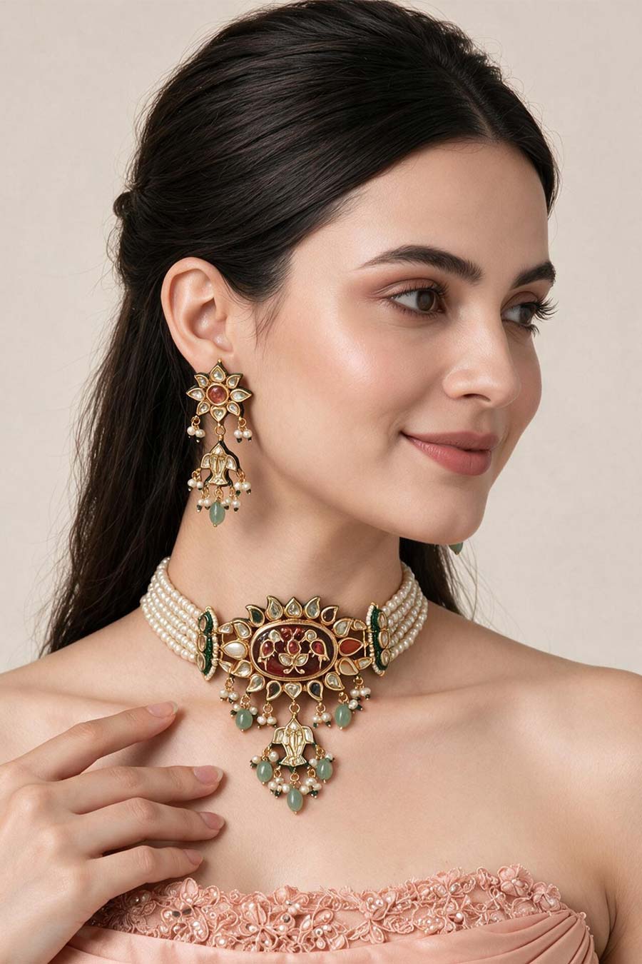 Navratna Kundan Pearl Choker Necklace & Earrings Set