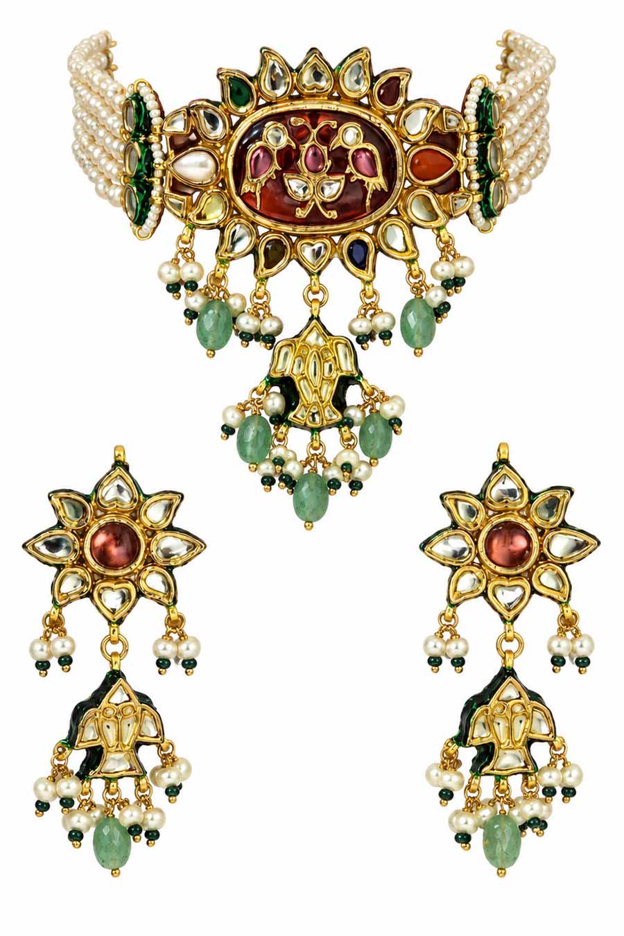 Navratna Kundan Pearl Choker Necklace & Earrings Set