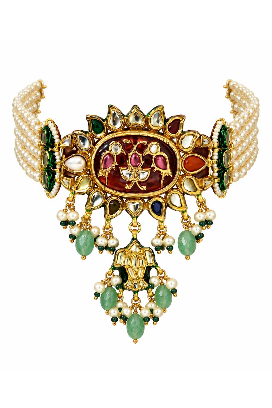 Navratna Kundan Pearl Choker Necklace & Earrings Set