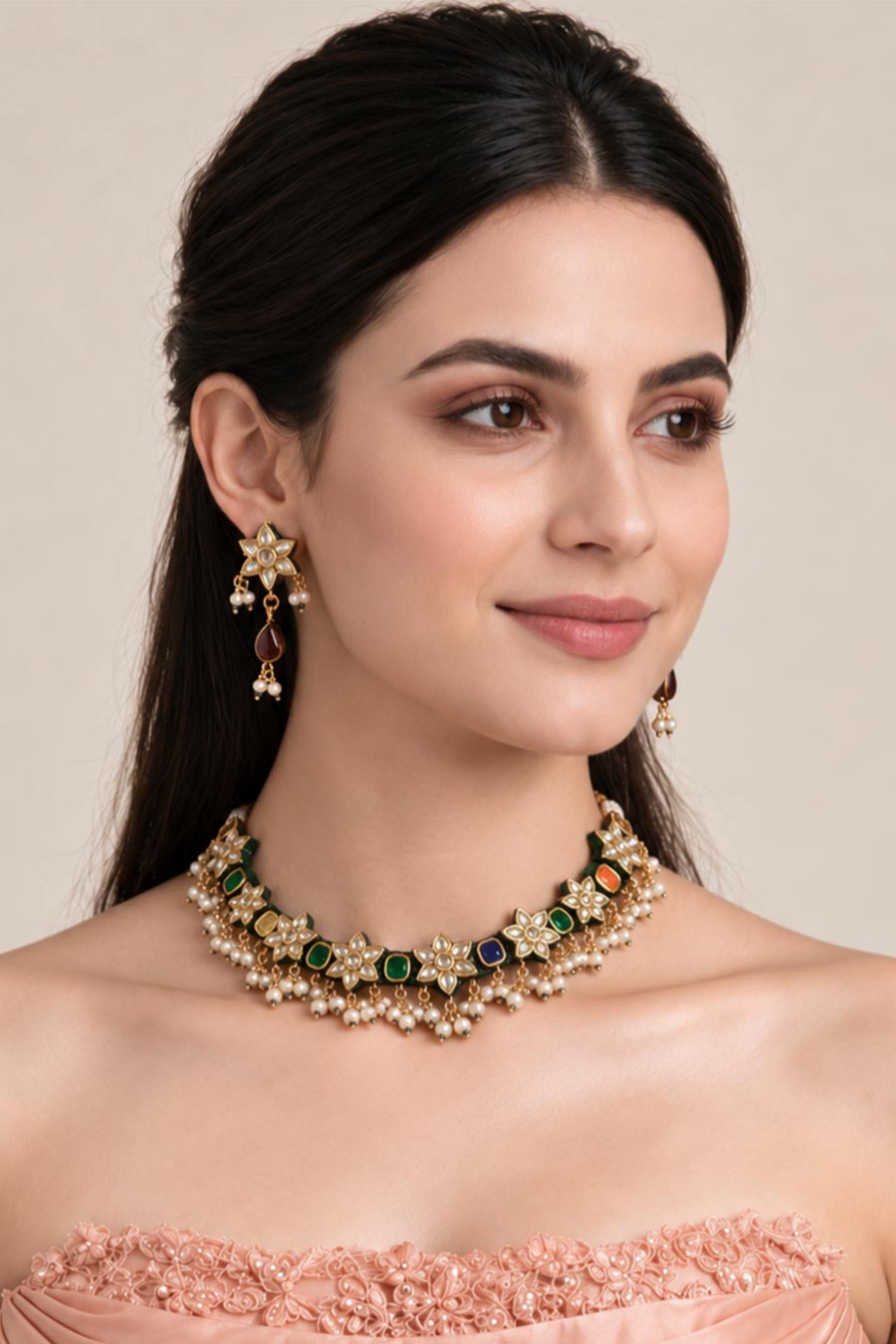 Navratna Kundan Floral Necklace & Earrings Set