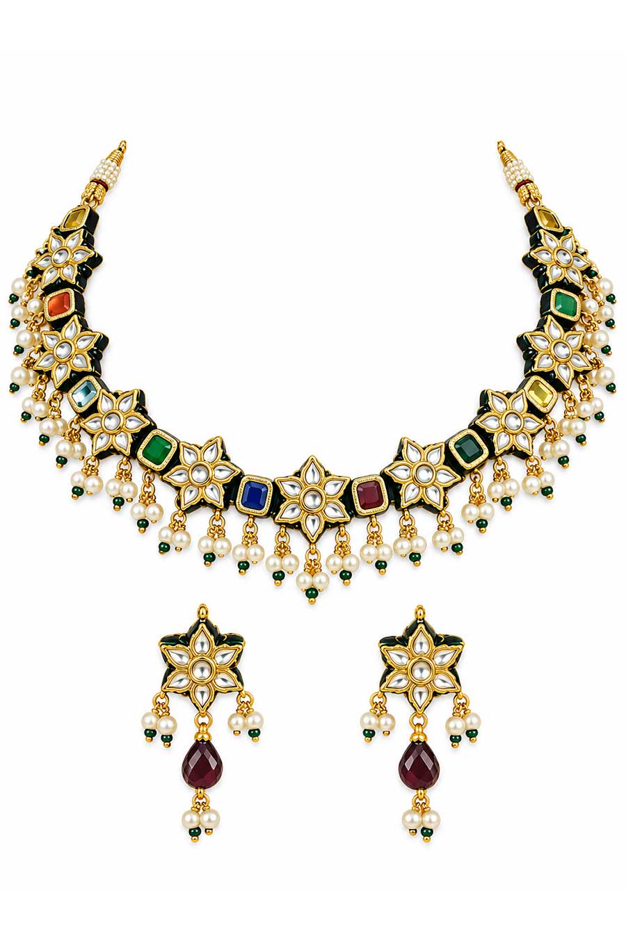 Navratna Kundan Floral Necklace & Earrings Set