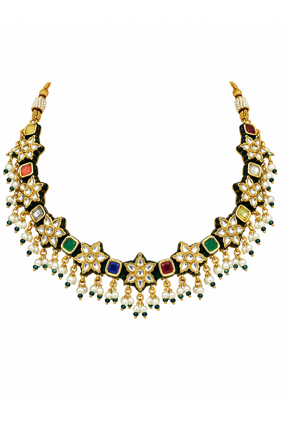 Navratna Kundan Floral Necklace & Earrings Set