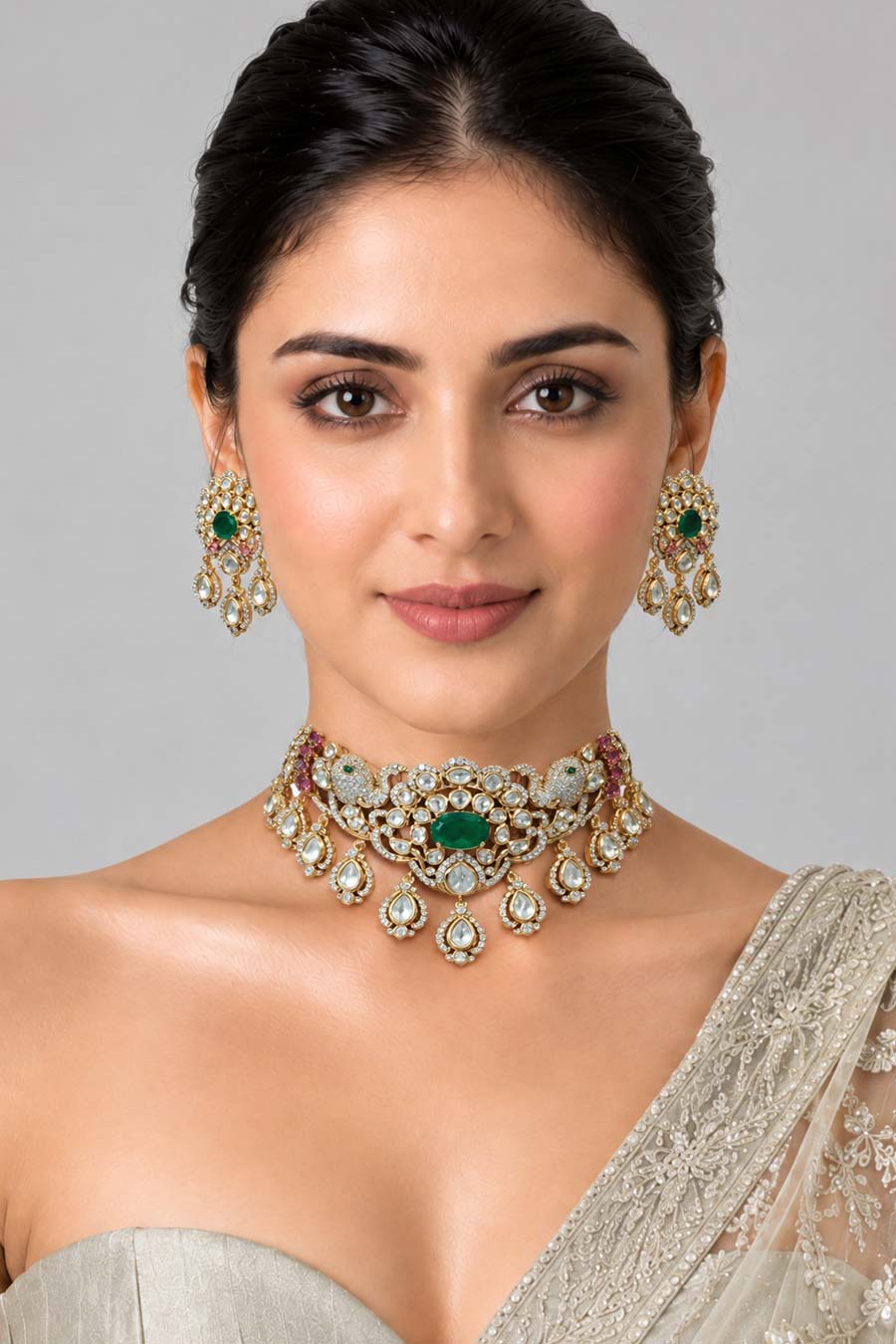 Emerald Moissanite Polki Choker Necklace & Earrings Set