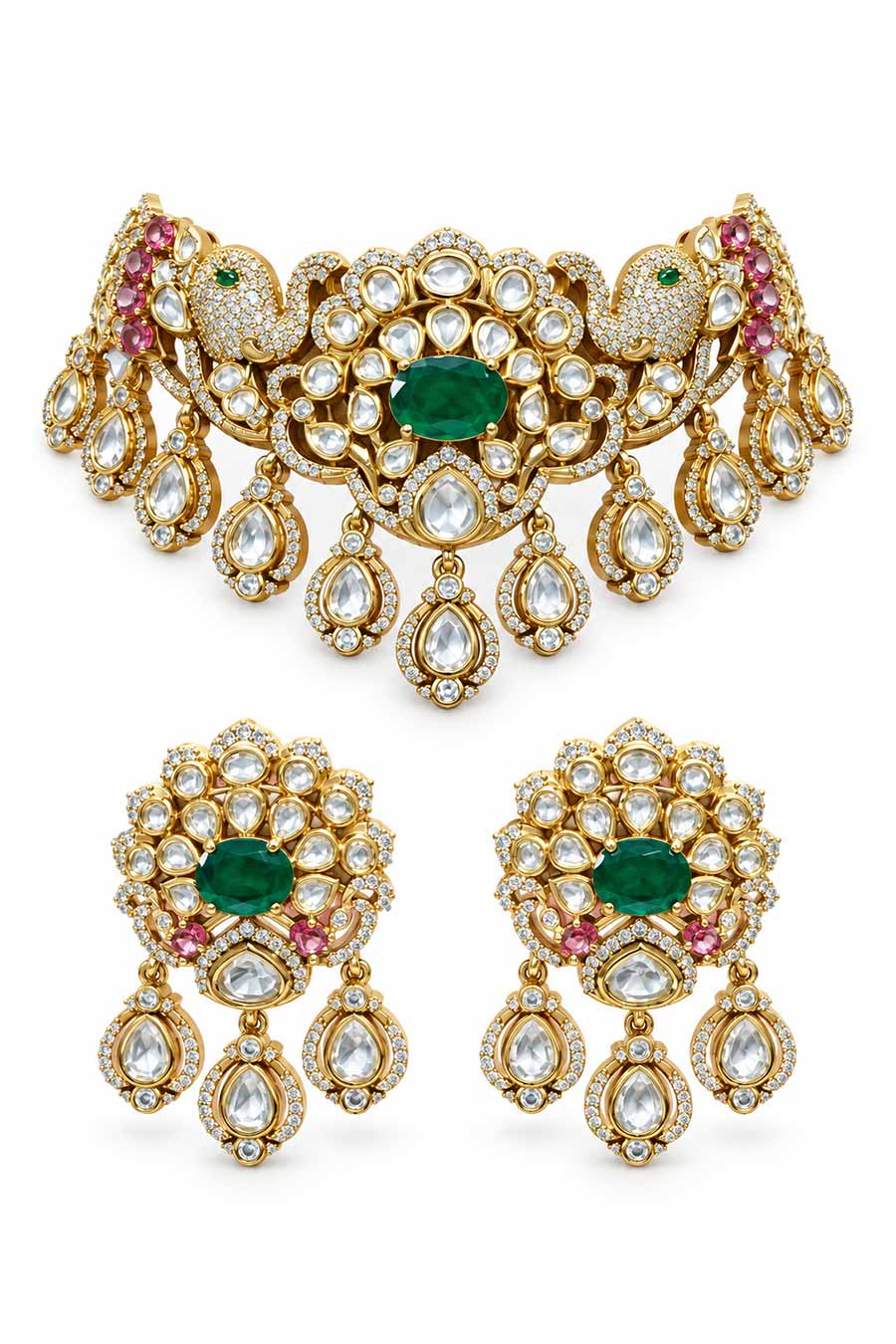 Emerald Moissanite Polki Choker Necklace & Earrings Set