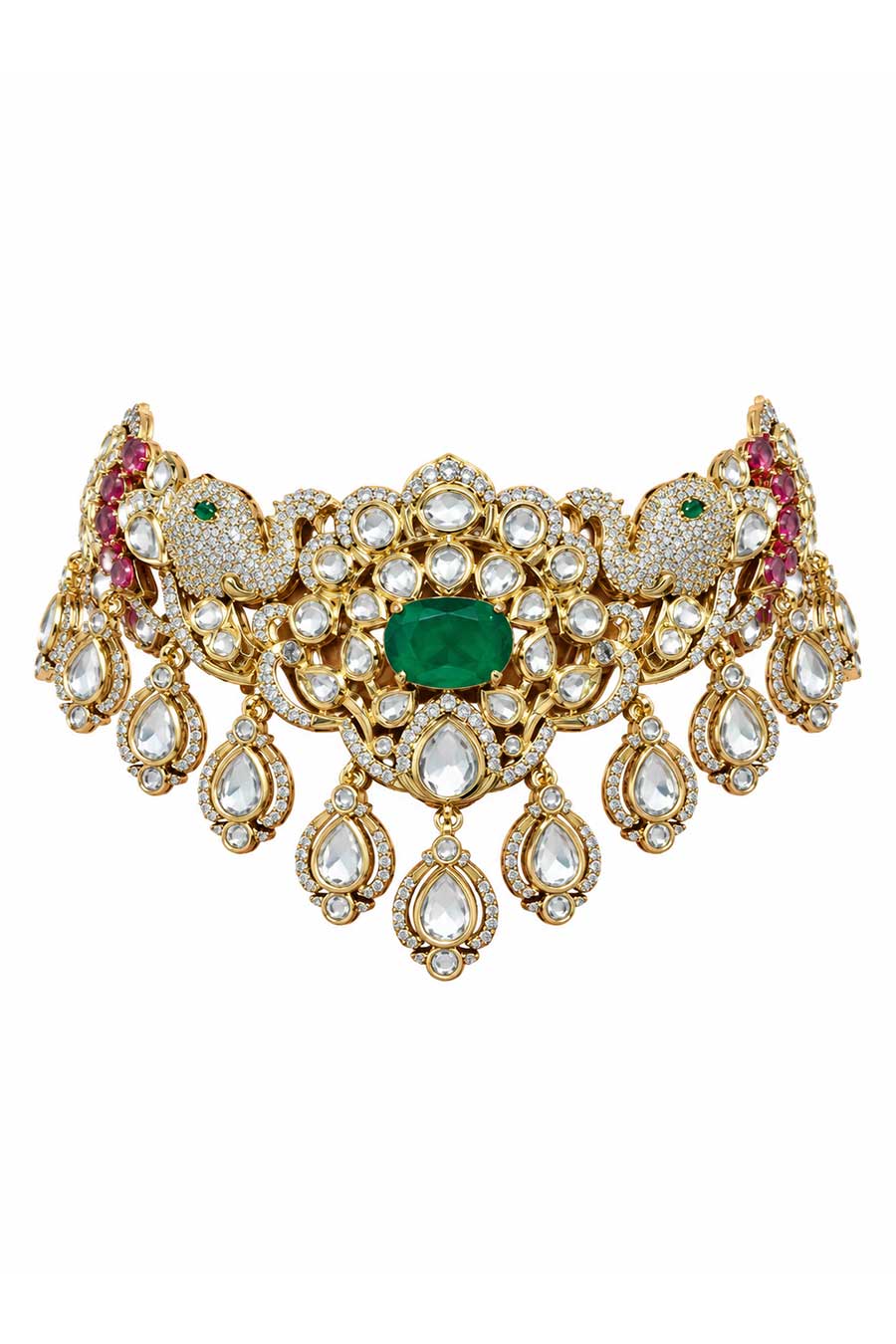 Emerald Moissanite Polki Choker Necklace & Earrings Set