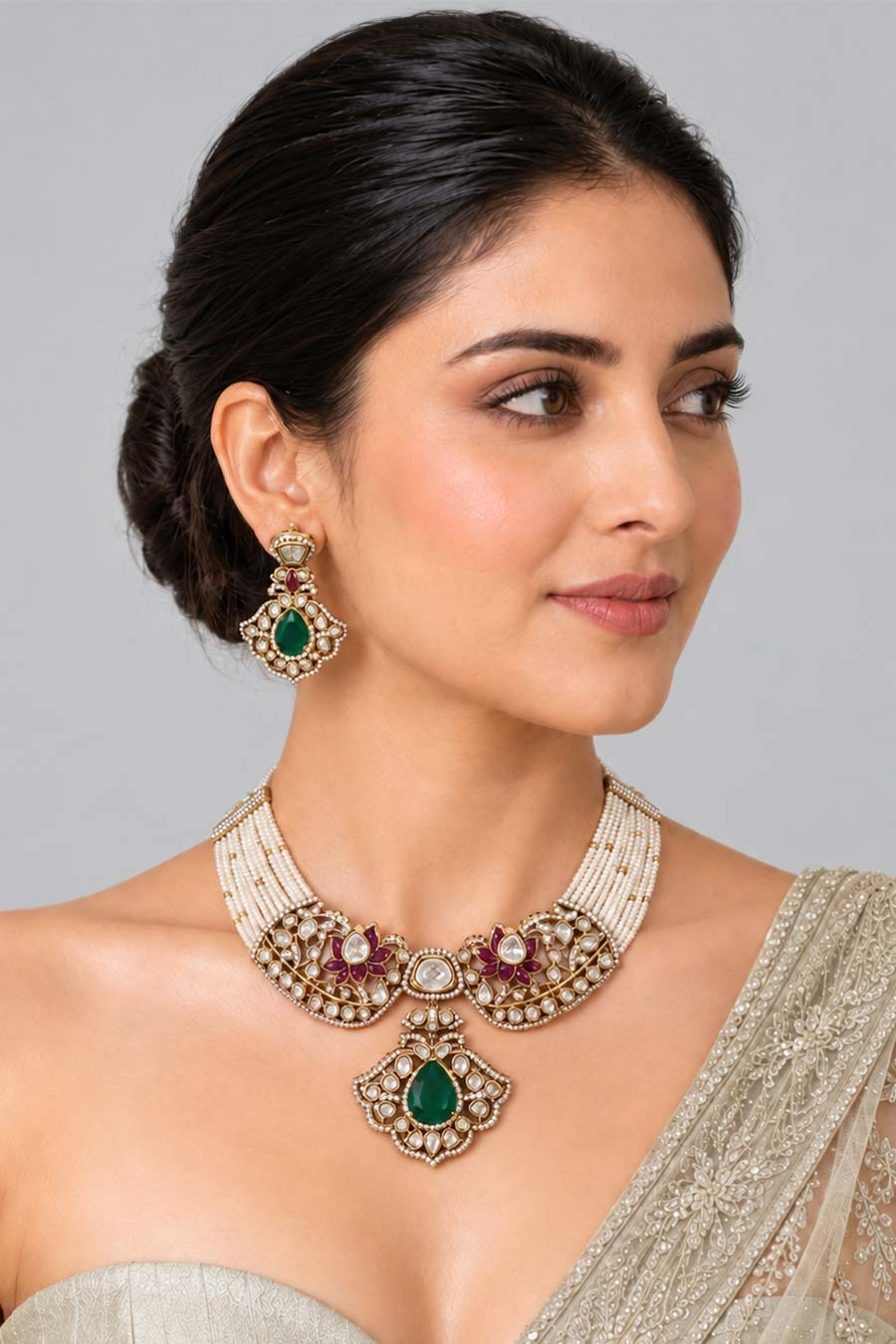 Emerald Moissanite Polki Choker Necklace & Earrings Set