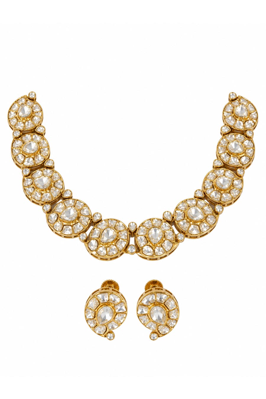 Moissanite Polki Floral Choker Necklace & Earrings Set