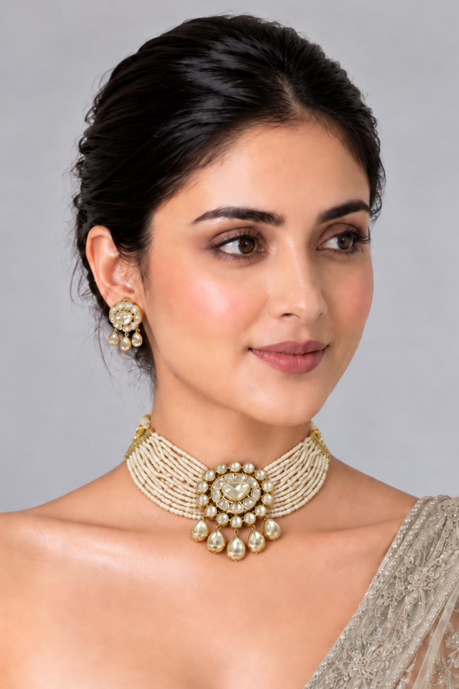 Pearl Moissanite Polki Choker Necklace & Earrings Set