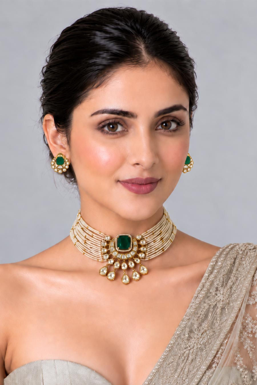 Emerald Pearl Moissanite Polki Choker & Earrings Set