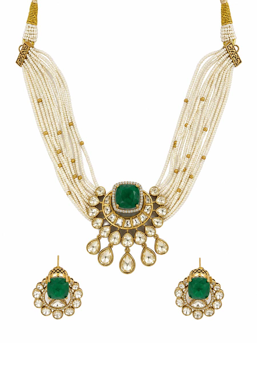 Emerald Pearl Moissanite Polki Choker & Earrings Set