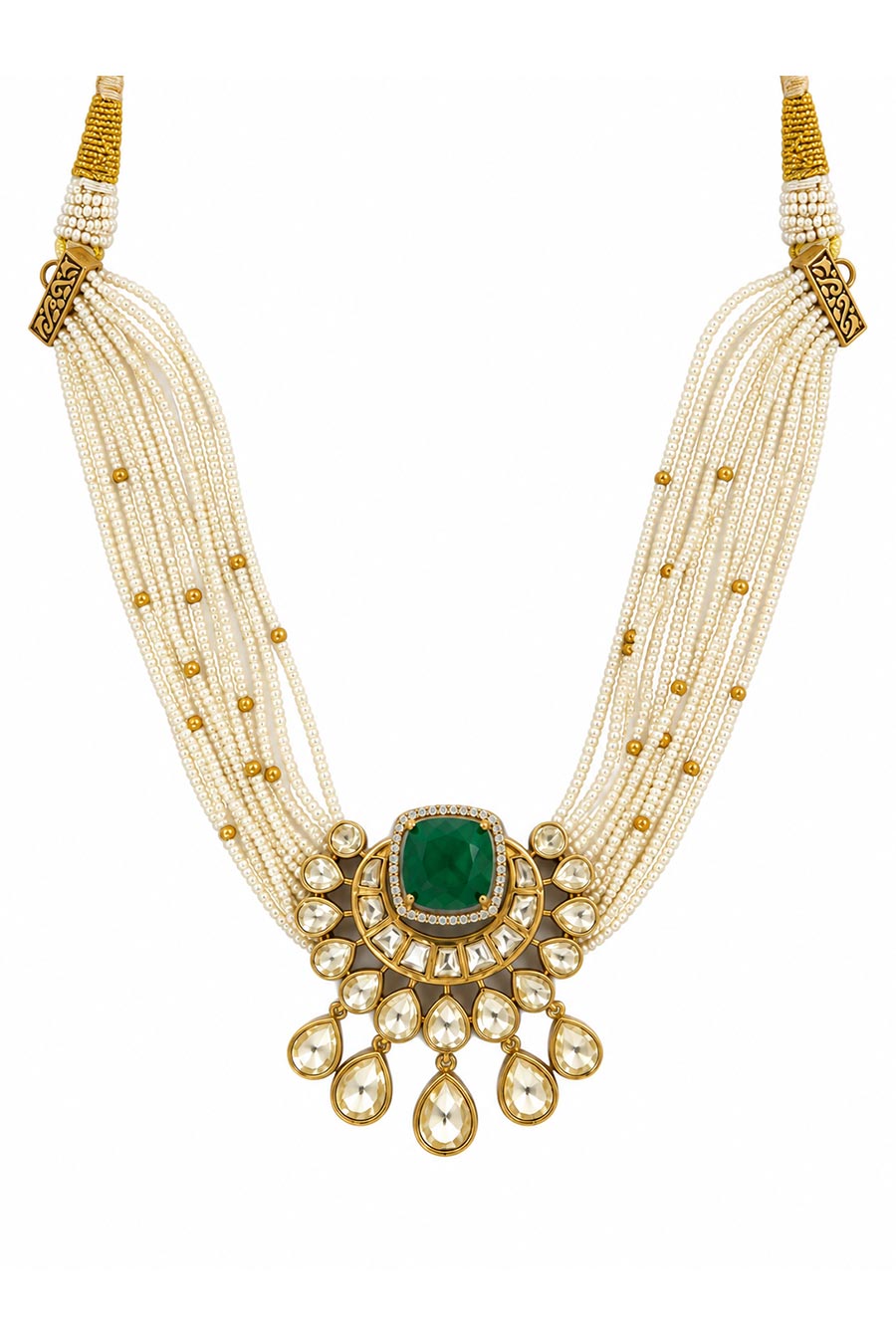 Emerald Pearl Moissanite Polki Choker & Earrings Set