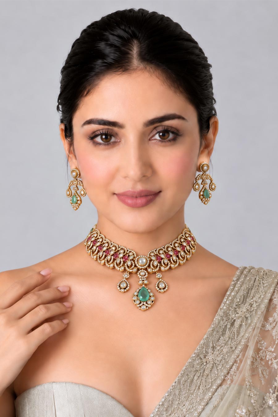 Ruby & Emerald Moissanite Choker Necklace & Earrings Set