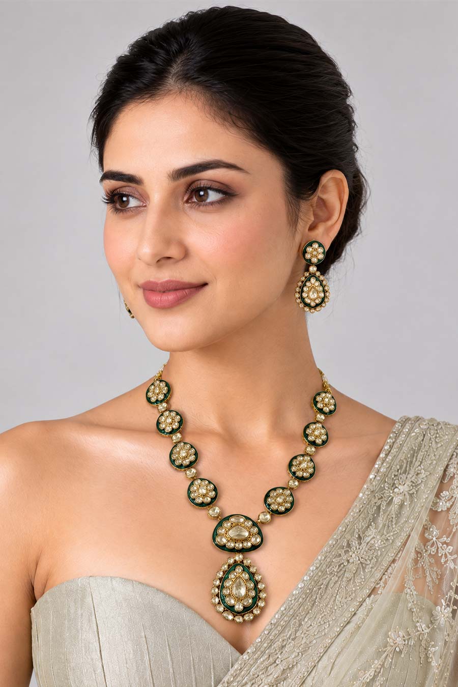 Emerald Moissanite Polki Necklace & Earrings Set
