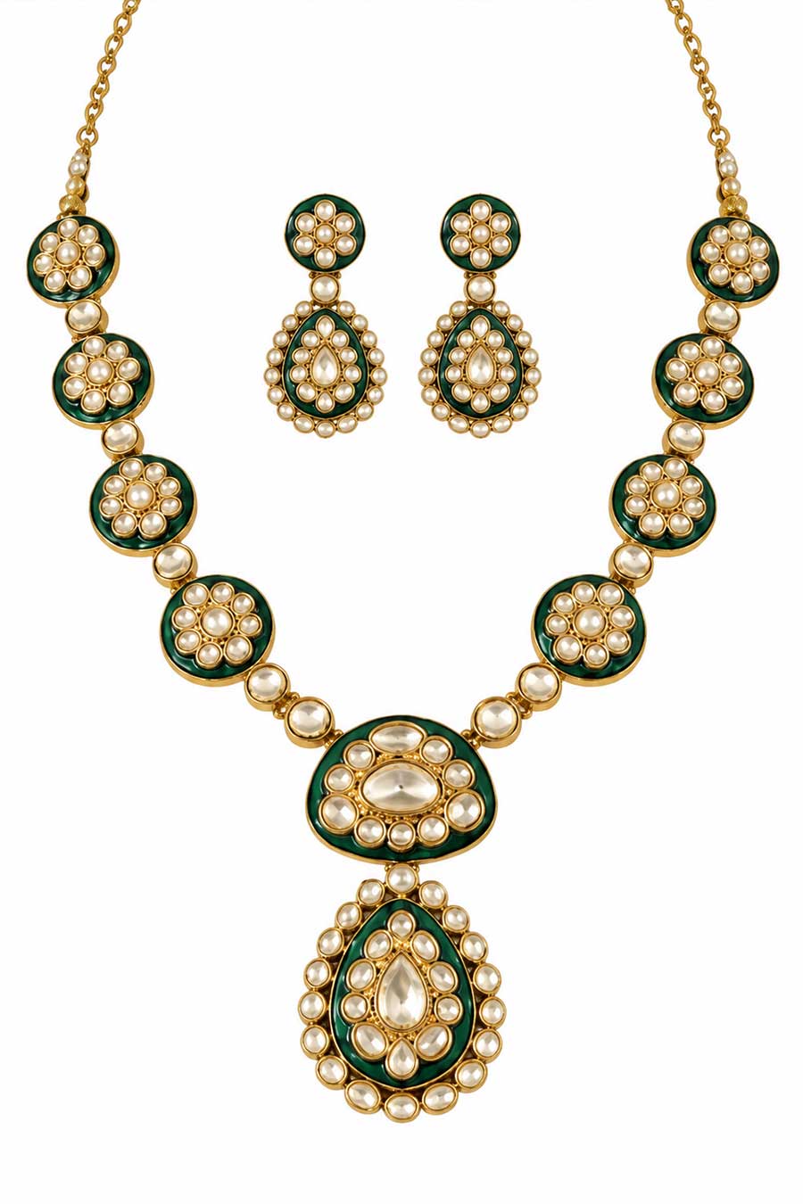 Emerald Moissanite Polki Necklace & Earrings Set