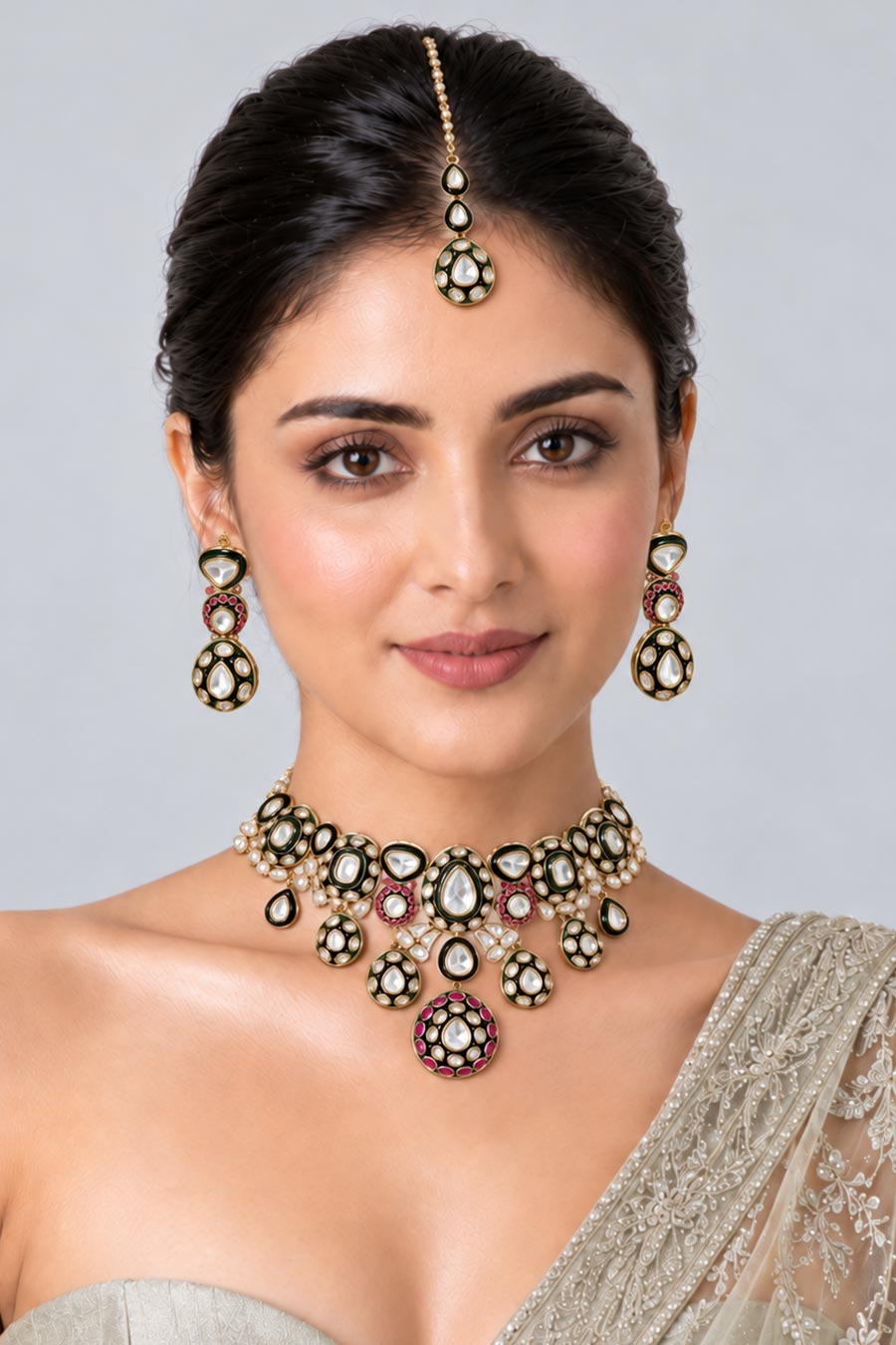 Ruby Polki Choker & Earrings Set With Maang Teeka