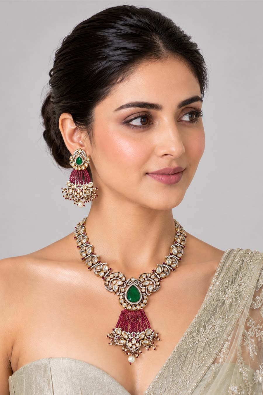 Emerald Moissanite Polki Necklace & Earrings Set