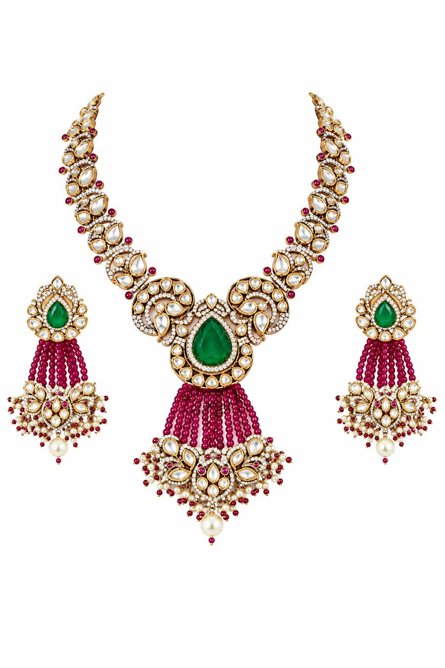 Emerald Moissanite Polki Necklace & Earrings Set